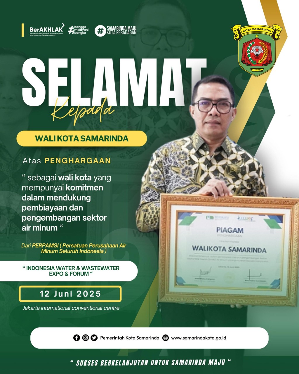 Wali Kota Samarinda Terima Penghargaan atas Komitmen Dukung Pembiayaan dan Pengembangan Sektor Air Minum