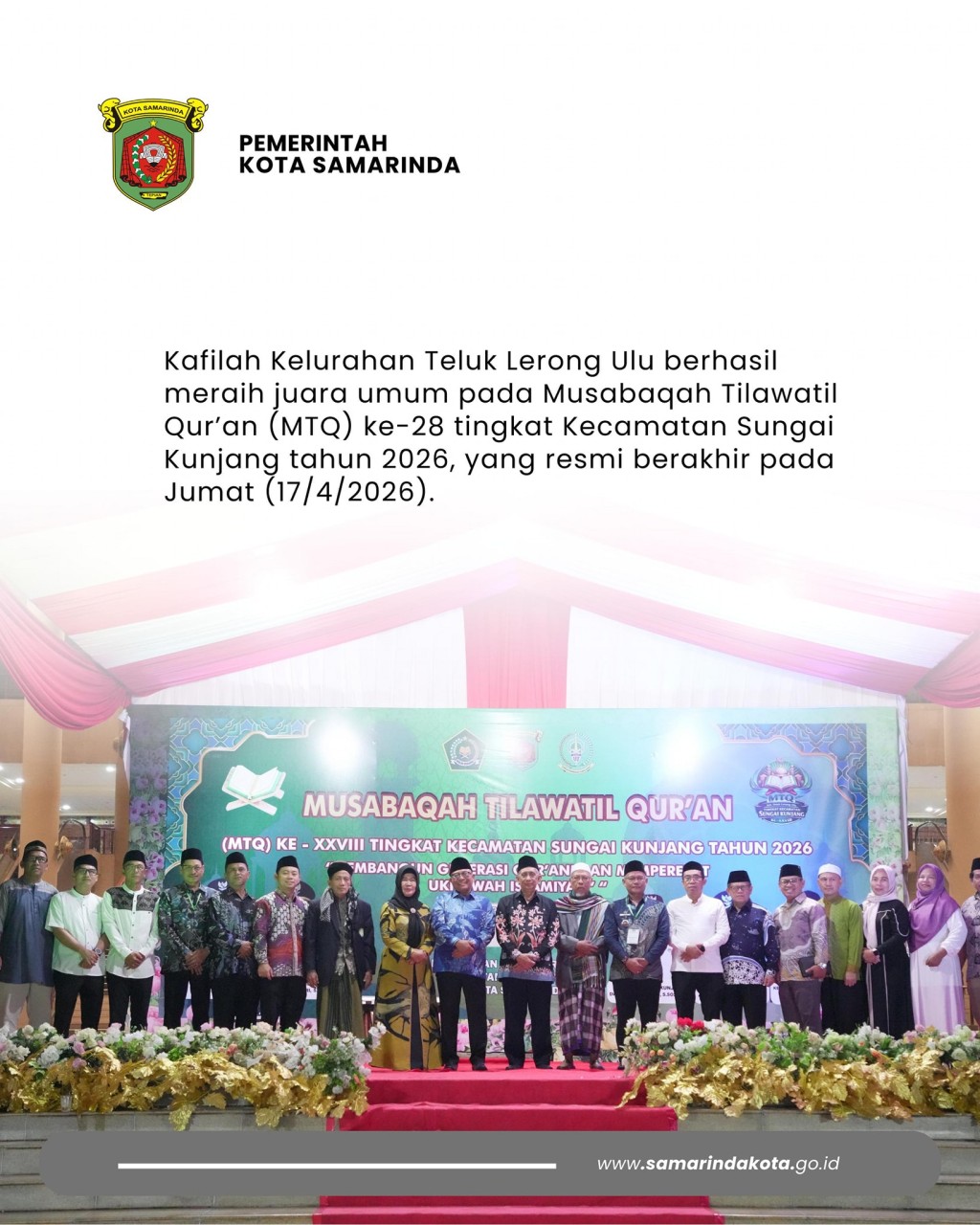 Kafilah Kelurahan Teluk Lerong Ulu Juara Umum MTQ Sungai Kunjang, Wawali: Perkuat Nilai Al-Qur’an dalam Kehidupan