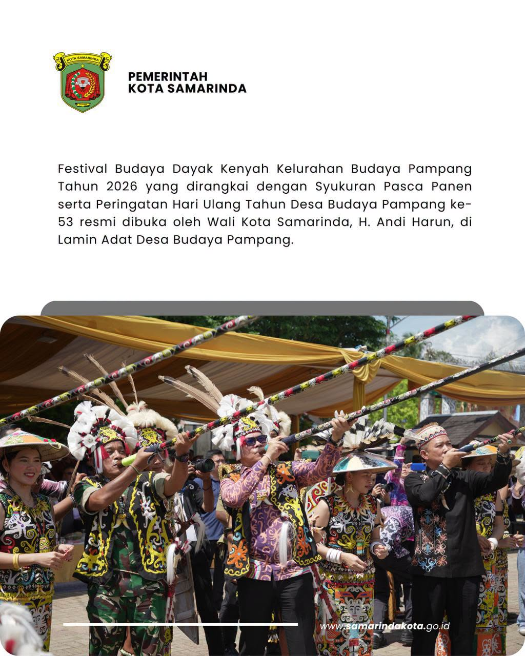 Festival Budaya Dayak Kenyah Pampang 2026 Resmi Dibuka, Wali Kota: Budaya Adalah Penjaga Identitas, Persatuan, dan Masa Depan Samarinda