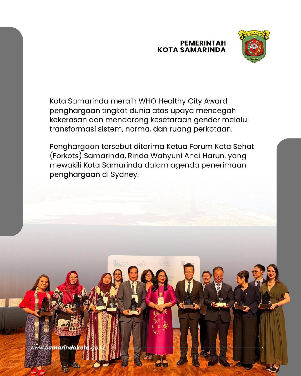 Kota Sehat yang Aman bagi Perempuan dan Anak Berkelas Dunia, Samarinda Raih WHO Healthy City Award